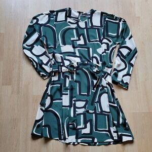 Zara Geometric Print Belted Mini Dress Green White Black Long Sleeve Women S